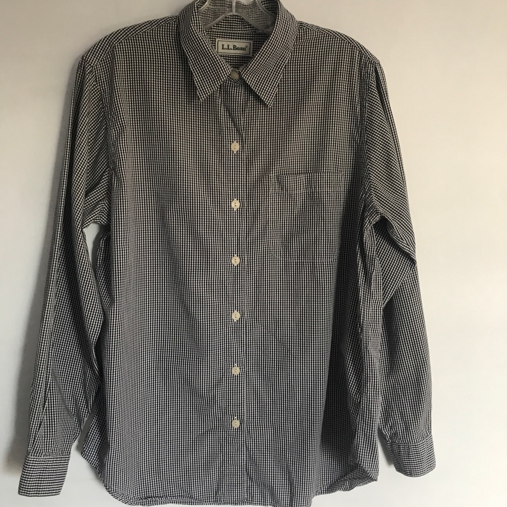 LL Bean Black & White Gingham Check Long Sleeve Button Front Shirt Medium EUC